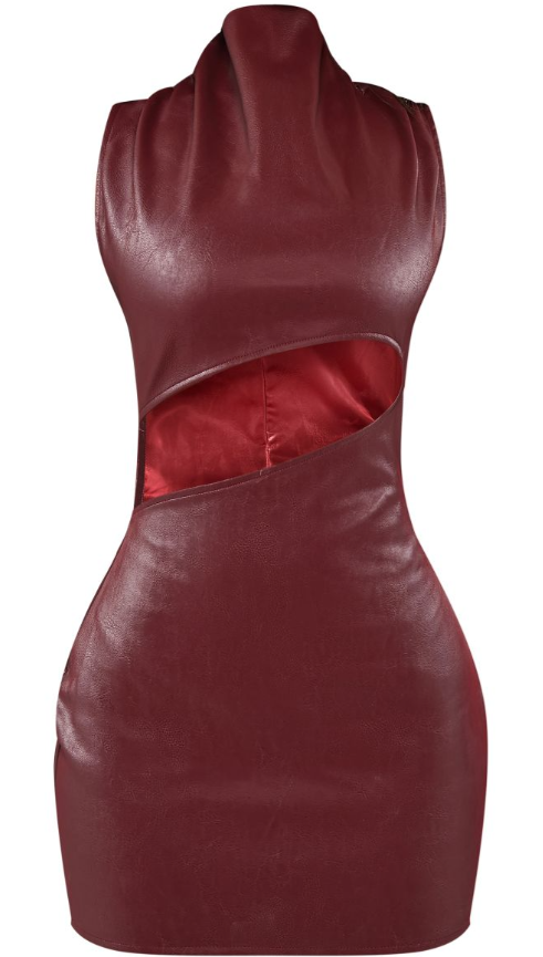 Petite Burgundy Faux Leather Sleeveless Cut Out Mini Dress