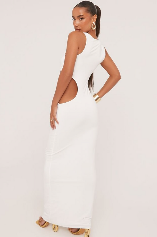 SLEEVELESS TEXTURED RING DETAIL CUT OUT MAXI DRESS IN WHITE SLINKY