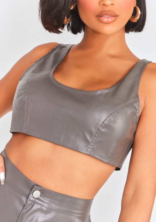 Shape Charcoal Faux Leather Hook And Eye Bralette
