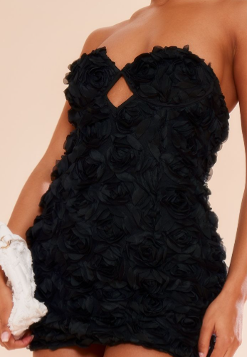 Black Textured Rose Detail Bandeau Bodycon Dress