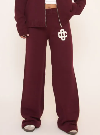 High Waist Contrast Swirl Wide Leg Trousers In Burgundy Knit