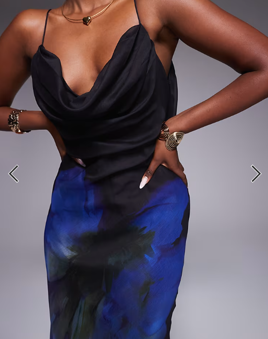 ASOS DESIGN cowl neck plunge maxi dress with back detail in purple placement floral print