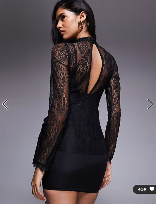 ASOS DESIGN lace long sleeved high neck mini dress with drape overlay skirt in black