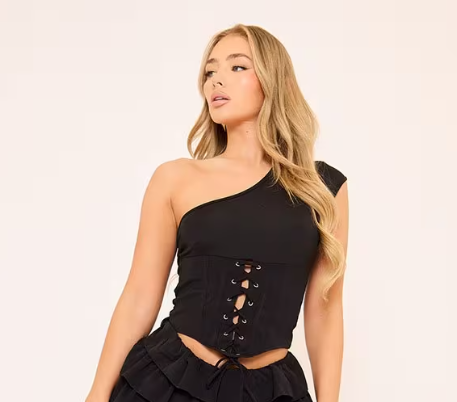 One Shoulder Lace Up Front Corset Top In Black