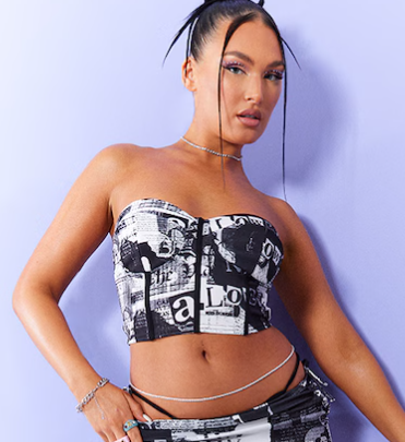 Black Newspaper Print Cup Detail Corset Top
