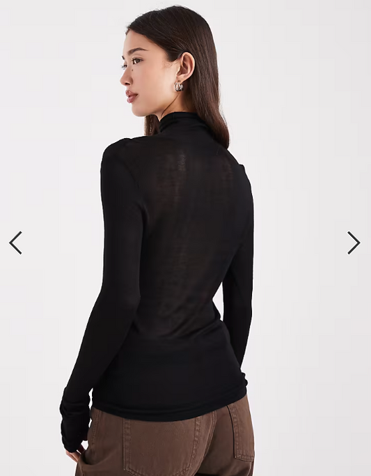 ASOS DESIGN sheer soft touch ruched side high neck top in BLACK