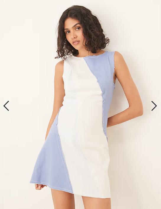 ASOS DESIGN mini aline contrast panel denim-look mini with raw hem in blue
