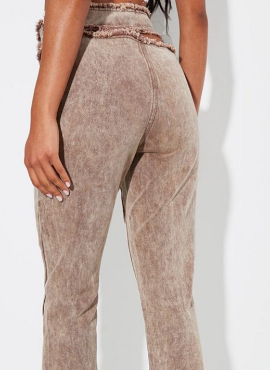 Plt - Brown Acid Wash Frayed Edge Cut Out Asymmetric Flared Denim Jeans