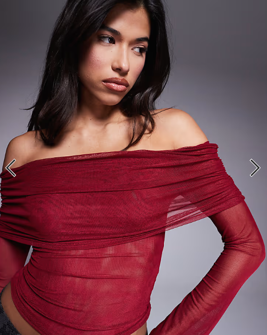 Top burdeos con escote Bardot asimétrico y manga acampanada de malla de ASOS DESIGN
