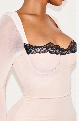 Shape Cream Mesh Underwired Lace Trim Long Sleeve Mini Dress