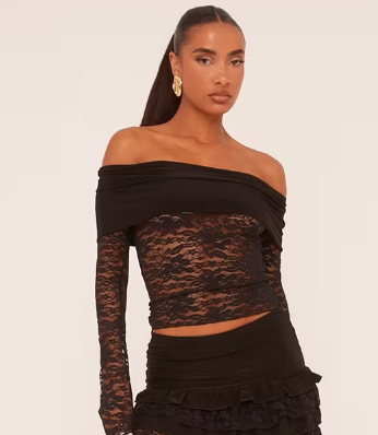 Slinky Fold Over Bardot Top In Black Lace