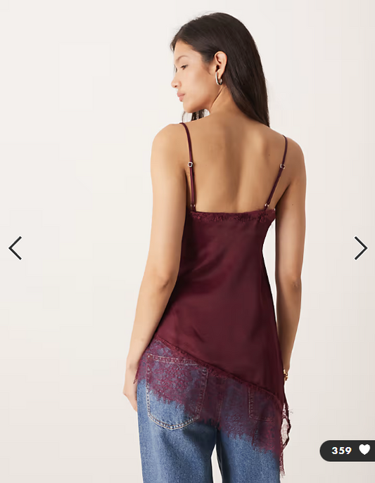 ASOS DESIGN satin lace trim asym hem cami top in plum