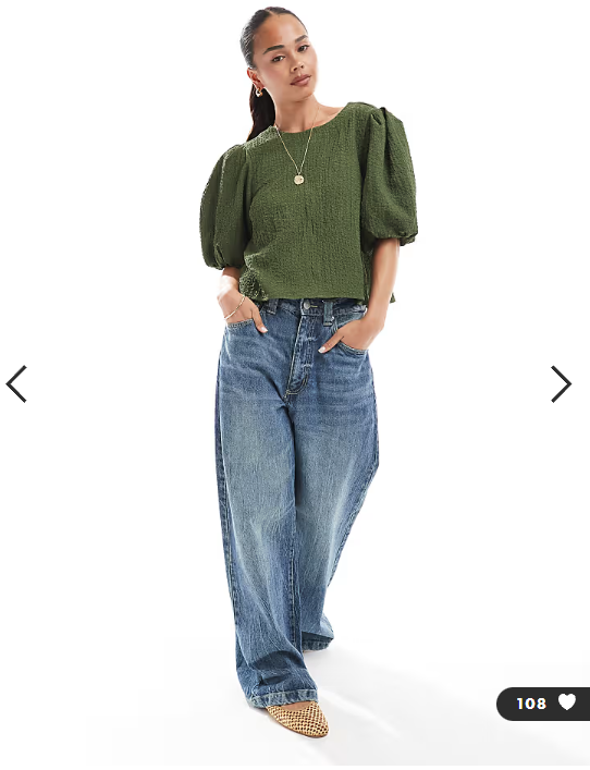 ASOS DESIGN crinkle fabric puff sleeve top in khaki