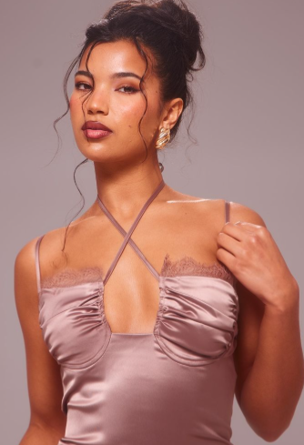 Mocha Satin Tie Front Cup Detail Dress