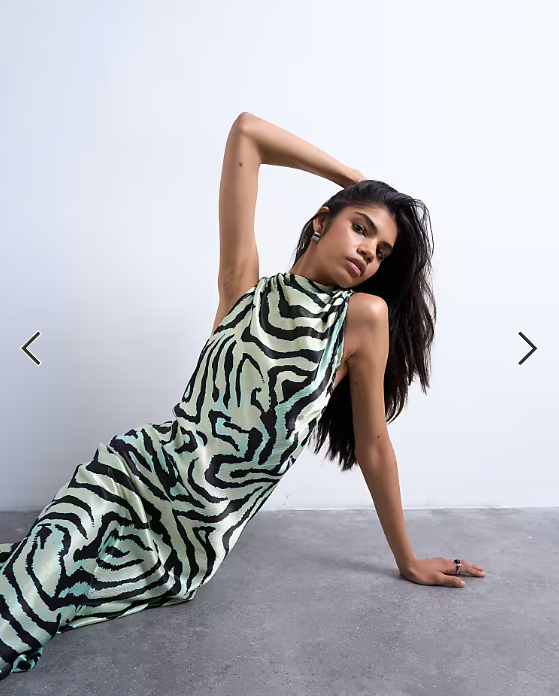 Topshop bias ruched arm hole maxi occasion dress in green zebra