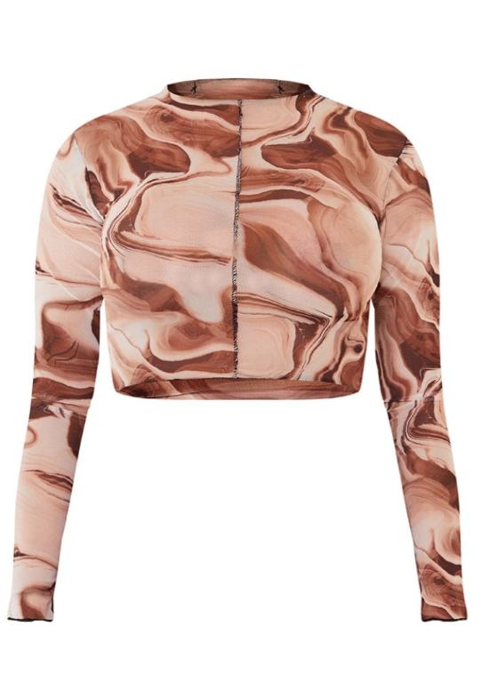 Shape Brown Tie Dye Sheer Mesh Seam Detail Crop Top