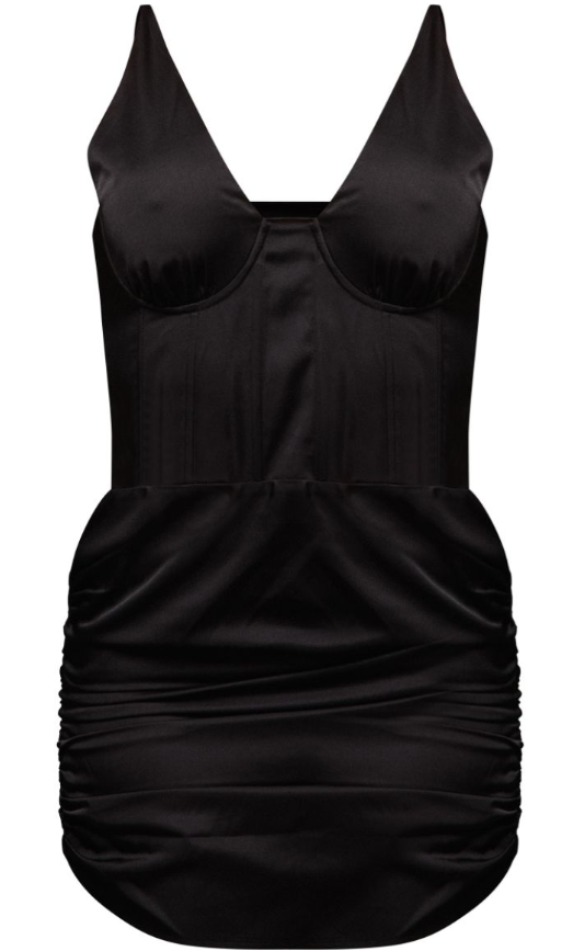 Black Satin Plunge Detail Ruched Skirt Bodycon Dress