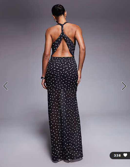 ASOS DESIGN halterneck detail mesh maxi dress with sheer skirt in polka dot print