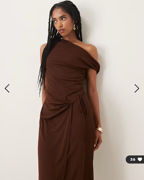 ASOS DESIGN onion skin fallen shoulder tie wrap midi dress in chocolate