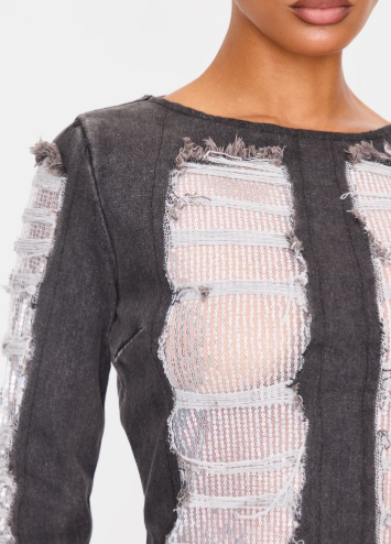 Washed Black Extreme Distressed Sequin Panel Backless Mini Dress