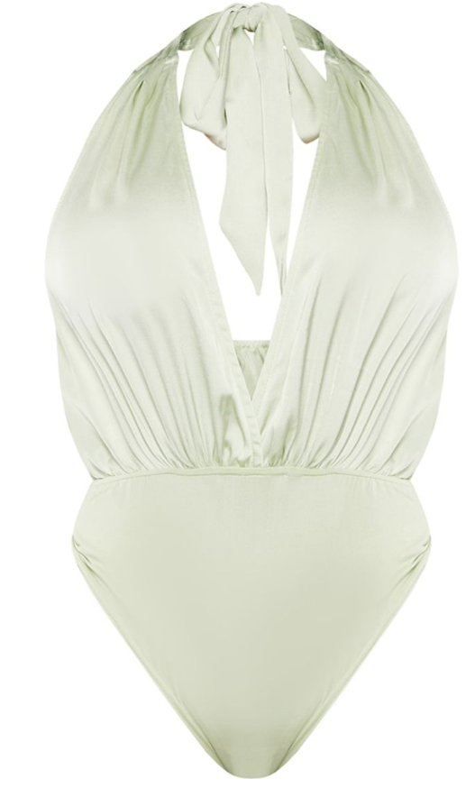Shape Sage Green Satin Ruched Halterneck Bodysuit