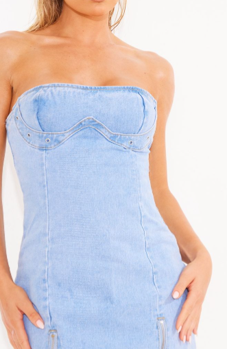 Light Blue Wash Zip Detail Denim Mini Dress