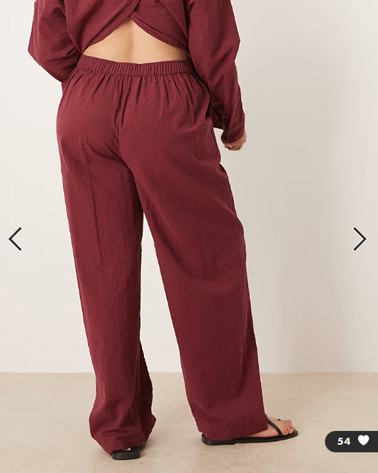 ASOS DESIGN Curve seersucker relaxed pull on trousers co-ord in burgundy