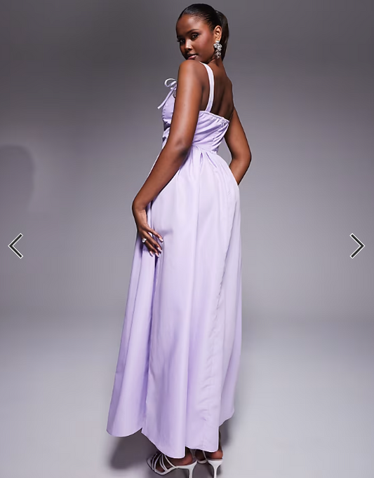Kaiia exclusive cotton rich poplin corset tie strap detail gathered skirt maxi dress in lilac