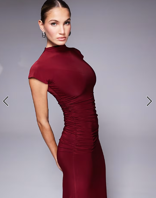 Kaiia exclusive double layered slinky high neck cap sleeve bodycon maxi dress in burgundy