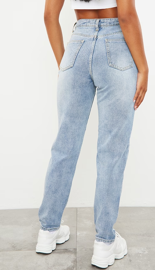 Light Blue Wash Open Knee Ripped Hem Mom Jeans