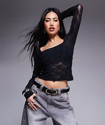 ASOS DESIGN square neck sheer lace top in black