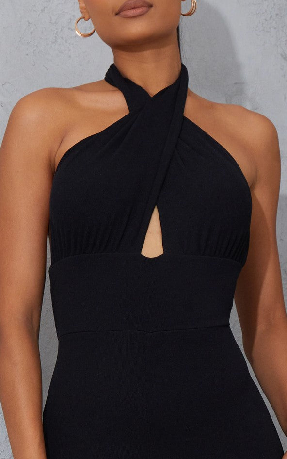 Black Cross Neck Tie Back Rib Jumpsuit