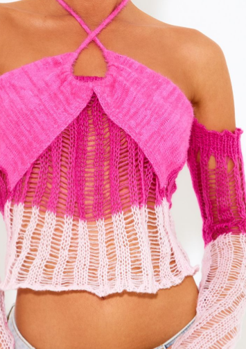 Pink Contrast Eyelash Knit Top With Sleeves