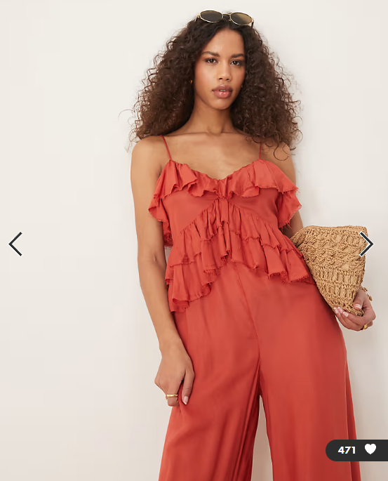 ASOS DESIGN ruffle micro bust viscose jumpsuit with shirred back in rust