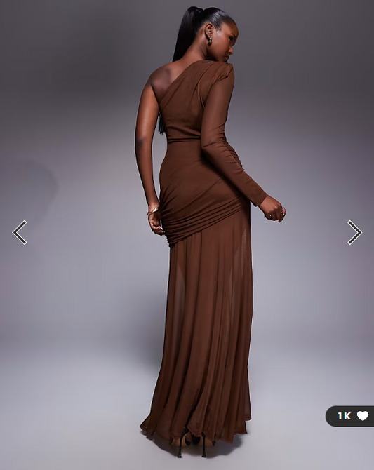 ASOS DESIGN mesh one sleeve gauged detail maxi dress with full skirt in brown