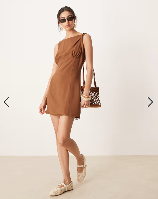 ASOS DESIGN ruched bust with lace trim mini dress in chocolate