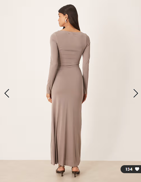 Motel Zeya long sleeve maxi dress with tie detail in grey