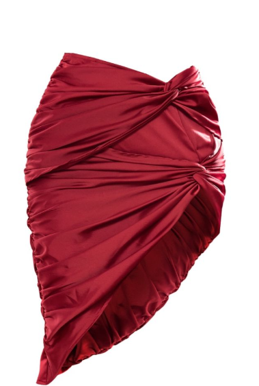 Cherry Red Structured Satin Ruched Double Knot Midi Skirt