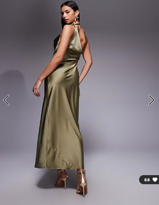 ASOS DESIGN one shoulder asymmetric drape satin maxi dress in khaki