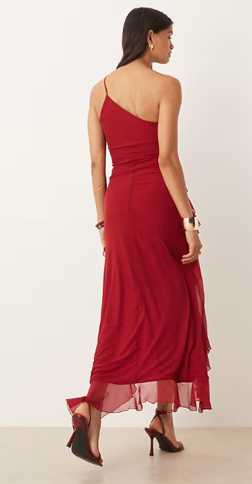 ASOS DESIGN one shoulder ruffle maxi dress in dark cherry