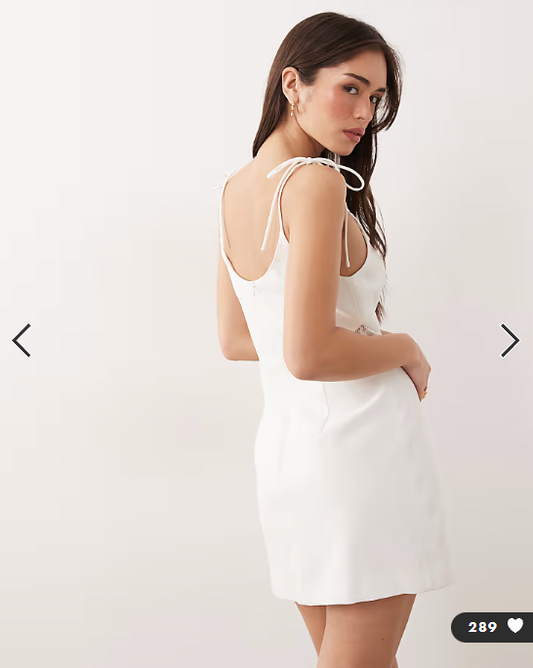 JW PEI square neck 3D floral applique detail tie shoulder lace panel mini dress in white
