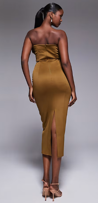 ASOS DESIGN bandeau structured midi dress with ruffle bodice detail in olive