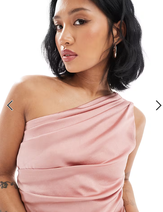 TFNC Petite Bridesmaid one shoulder satin maxi dress with wrap skirt in dusky pink