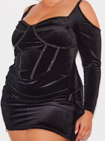 Plus Black Bardot Sleeve Seam Detail Velvour Mini Dress