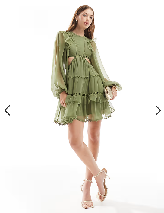 ASOS DESIGN lace insert high neck mini dress with frills in sage green