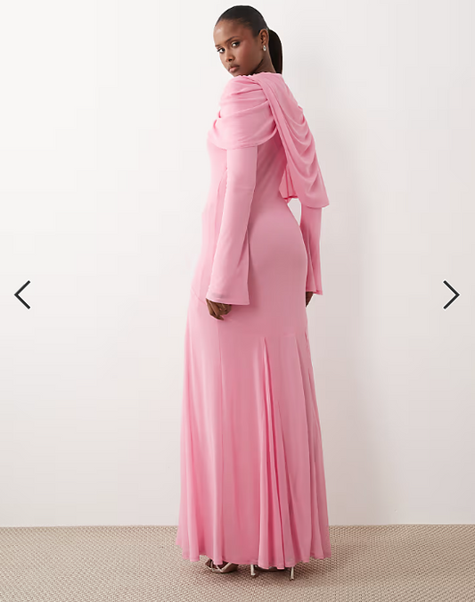 ASOS DESIGN modesty mesh maxi dress with overlay draped neckline detail in pink