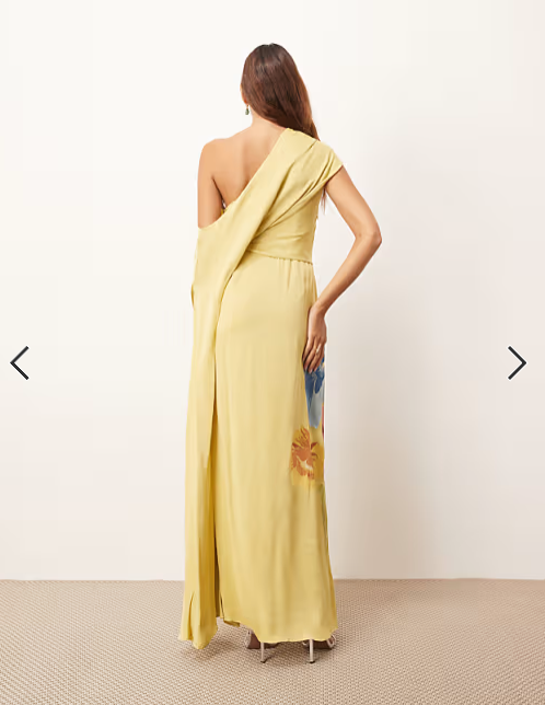 ARRANGE distorted floral embroidered fallen shoulder drape maxi dress in olive