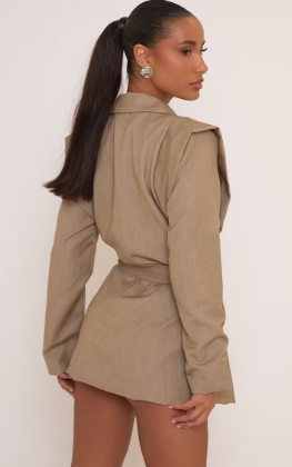 Ego - Belted Shoulder Detail Blazer Dress - Taupe
