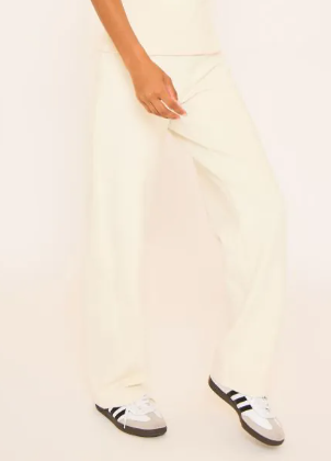 Mid Rise Tie Waist Detail Wide Leg Interlock Joggers In Cream