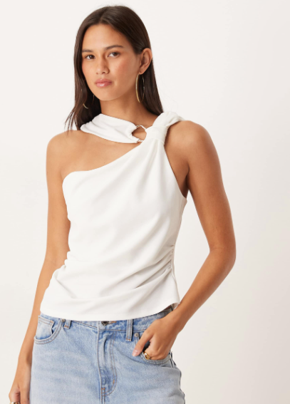 ASOS DESIGN knot detail halter top with trim detail in ivory